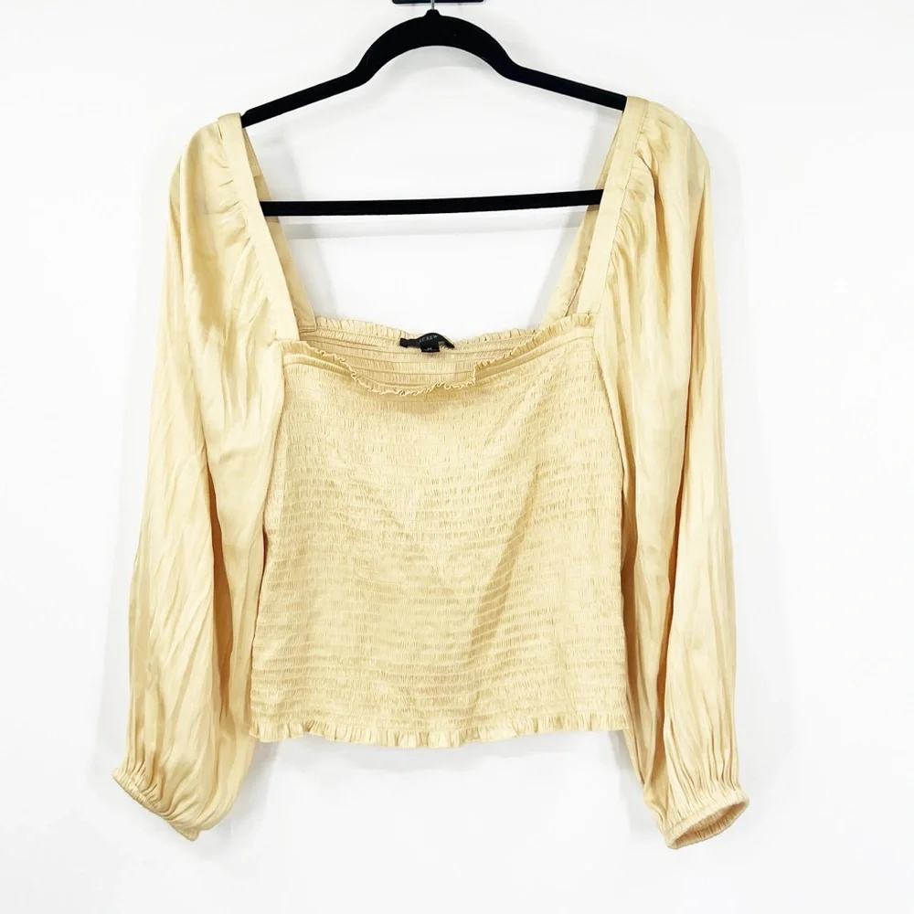 J. Crew Squareneck Smocked Featherweight Satin Cropped Top